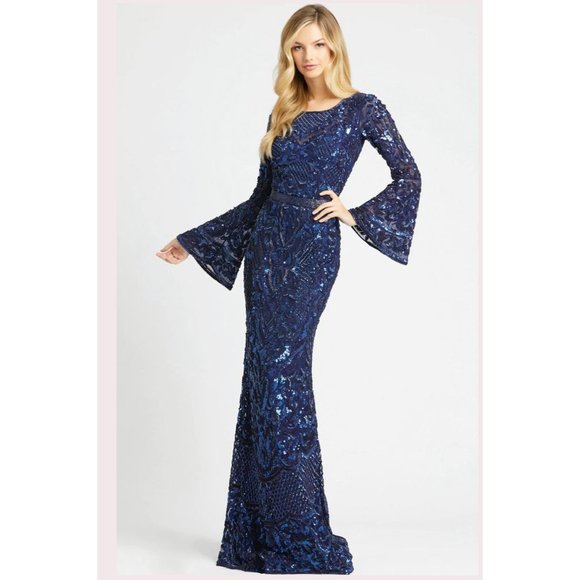Mac Duggal 4576 Sequin Bell Sleeve Gown Blue Women's Size 2 - Picture 2 of 16